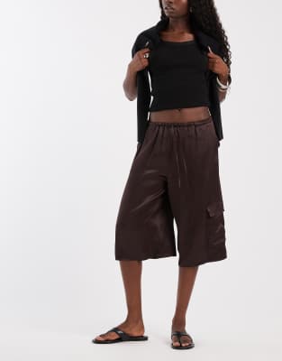 Asos Design Satin Bermuda Cargo Shorts In Brown