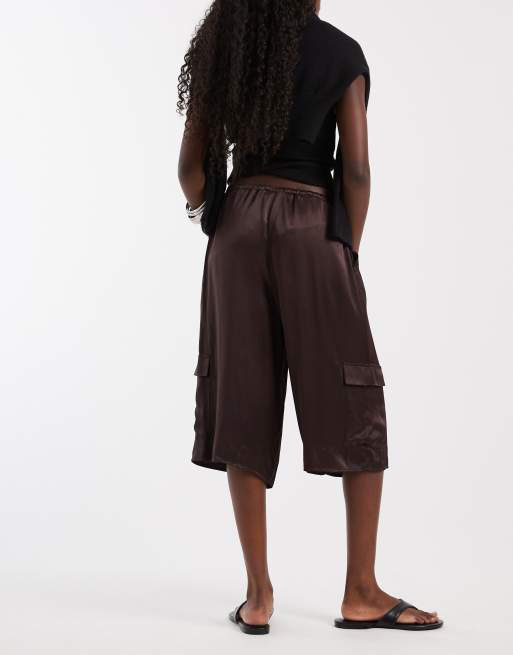 ASOS DESIGN satin bermuda cargo shorts in chocolate, 5 of 5