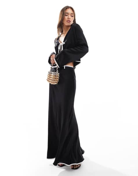 ASOS DESIGN satin bias contrast maxi skirt in black - view 1