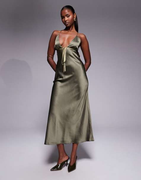 ASOS DESIGN satin bias cut cami midi dress with contrast tie detail in olive green  - view 1