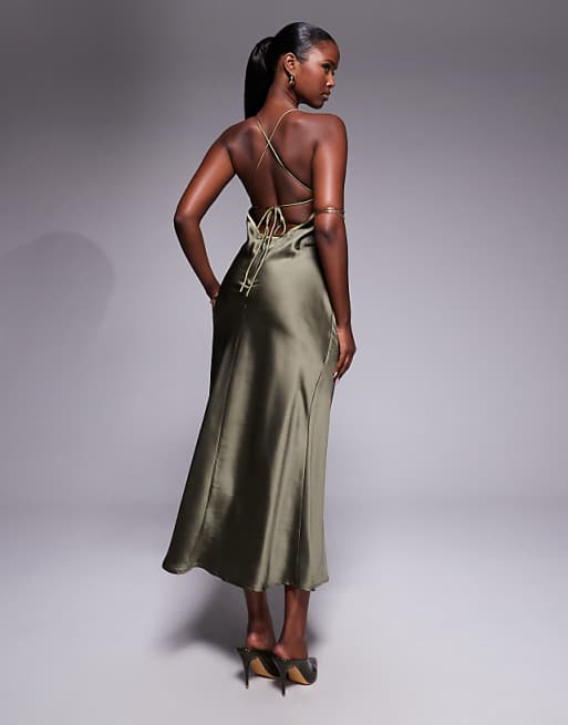 olive green midi dress Knit asymmetrical bodice Olive Green Satin A-Line Midi