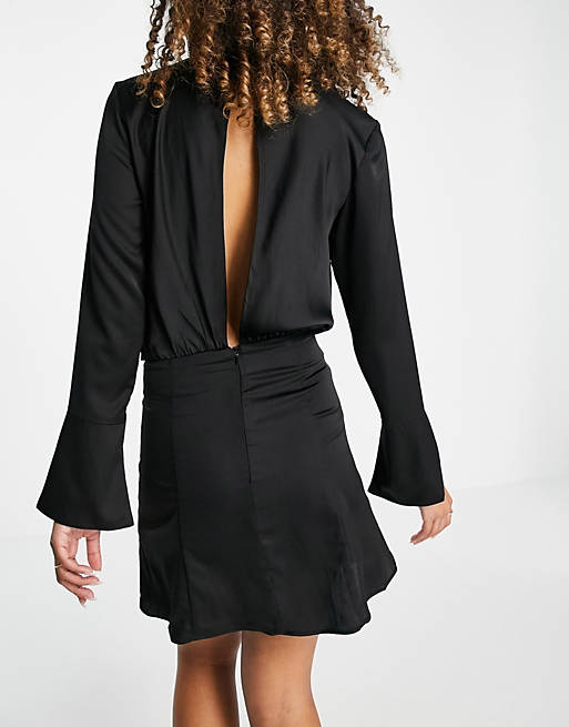 Dresses satin bias cut drape mini dress with button detail in black 