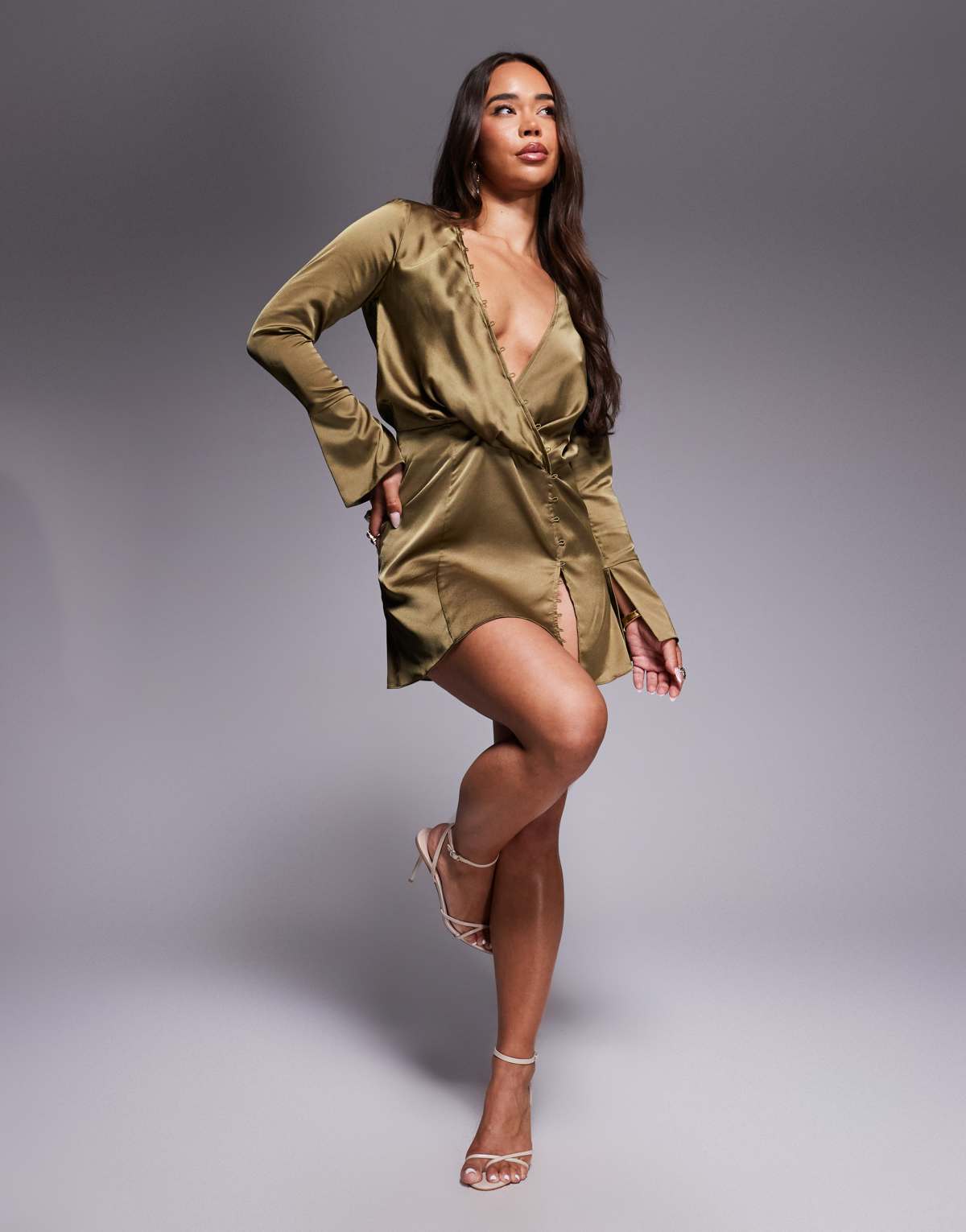 ASOS DESIGN satin bias cut drape mini dress with button detail in olive