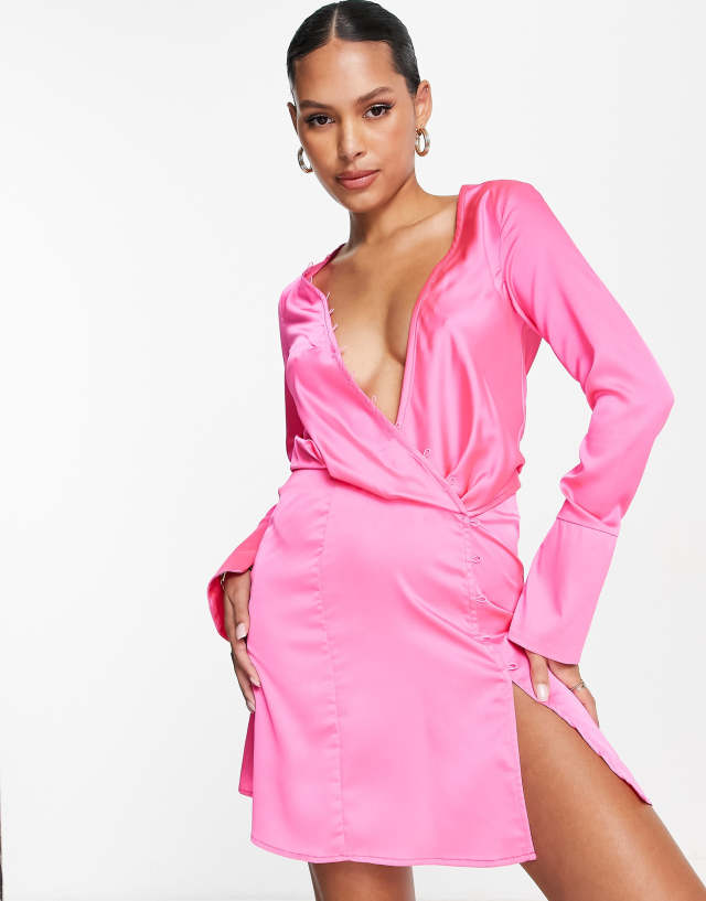 ASOS DESIGN Satin bias cut drape mini dress with button detail in pink