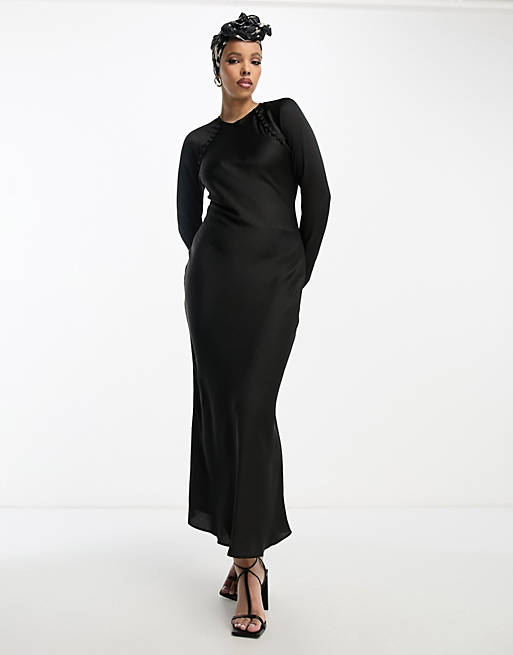 ASOS DESIGN satin bias cut maxi dress with button detail in black | ASOS