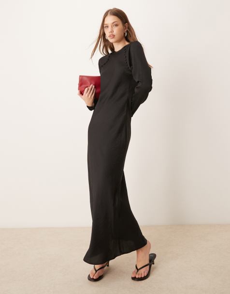 Black Silk Maxi Dress With Long Sleeves and Side Slit, Black Silk