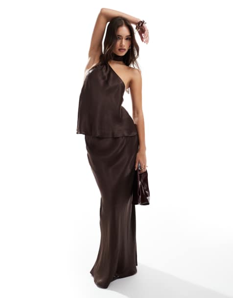 ASOS DESIGN satin bias cut maxi skirt co ord in chocolate - view 1