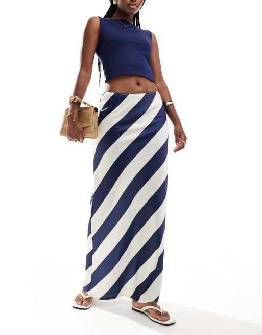 FhyzicsShops DESIGN satin bias cut maxi skirt in navy stripe