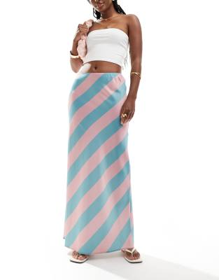 Asos Design Satin Bias Cut Maxi Skirt In Pink And Blue Stripe-multi