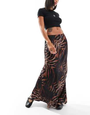 Asos Design Satin Bias Cut Maxi Skirt In Zebra Print-multi