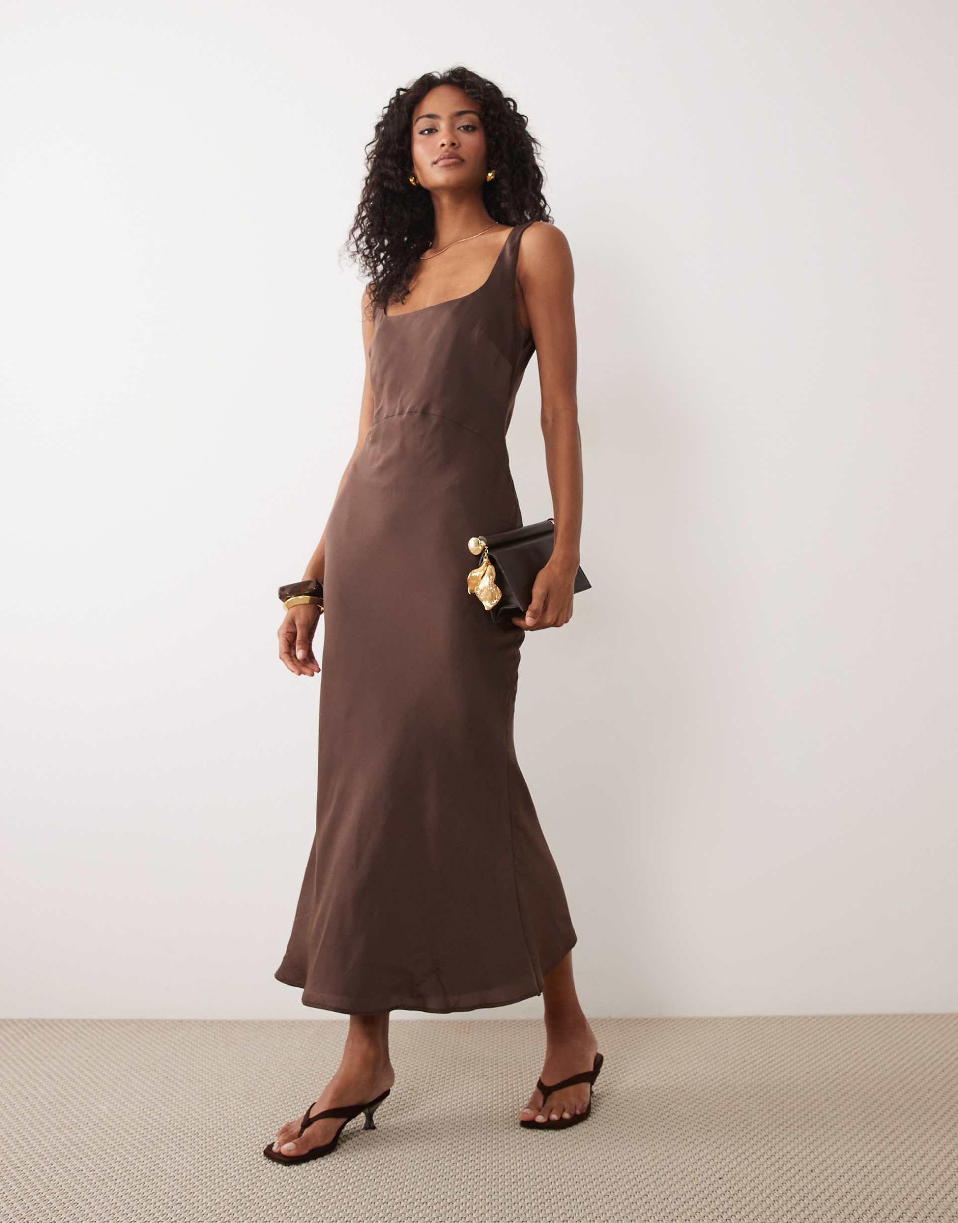 asos design satin bias cut midaxi dress in chocolate brown