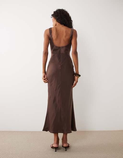 ASOS DESIGN satin bias cut midaxi dress in chocolate brown, 4 of 4