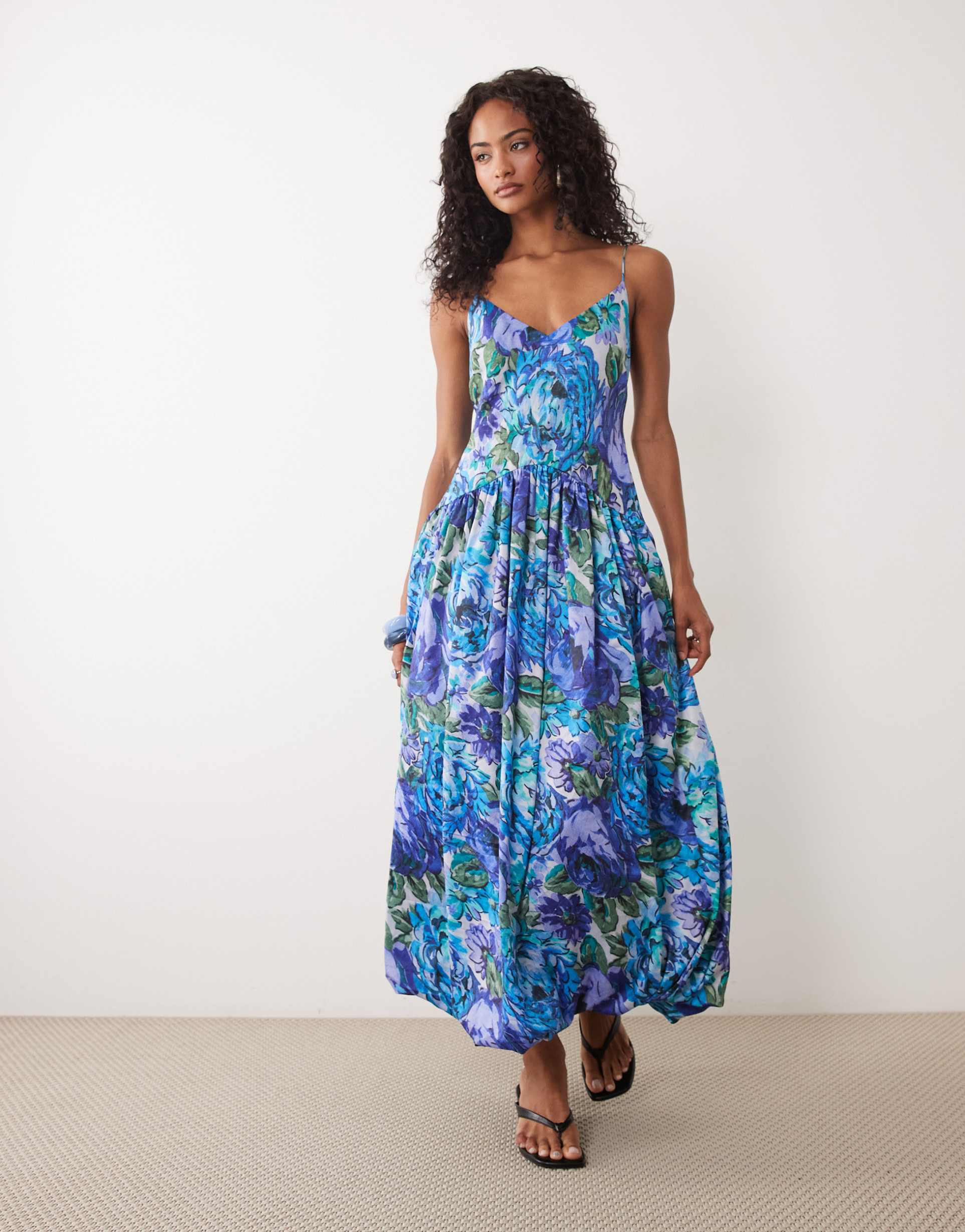 asos design satin bias cut midaxi shift dress with bubble hem in blue floral