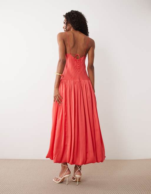 ASOS DESIGN satin bias cut midaxi shift dress with bubble hem in coral, 4 of 4
