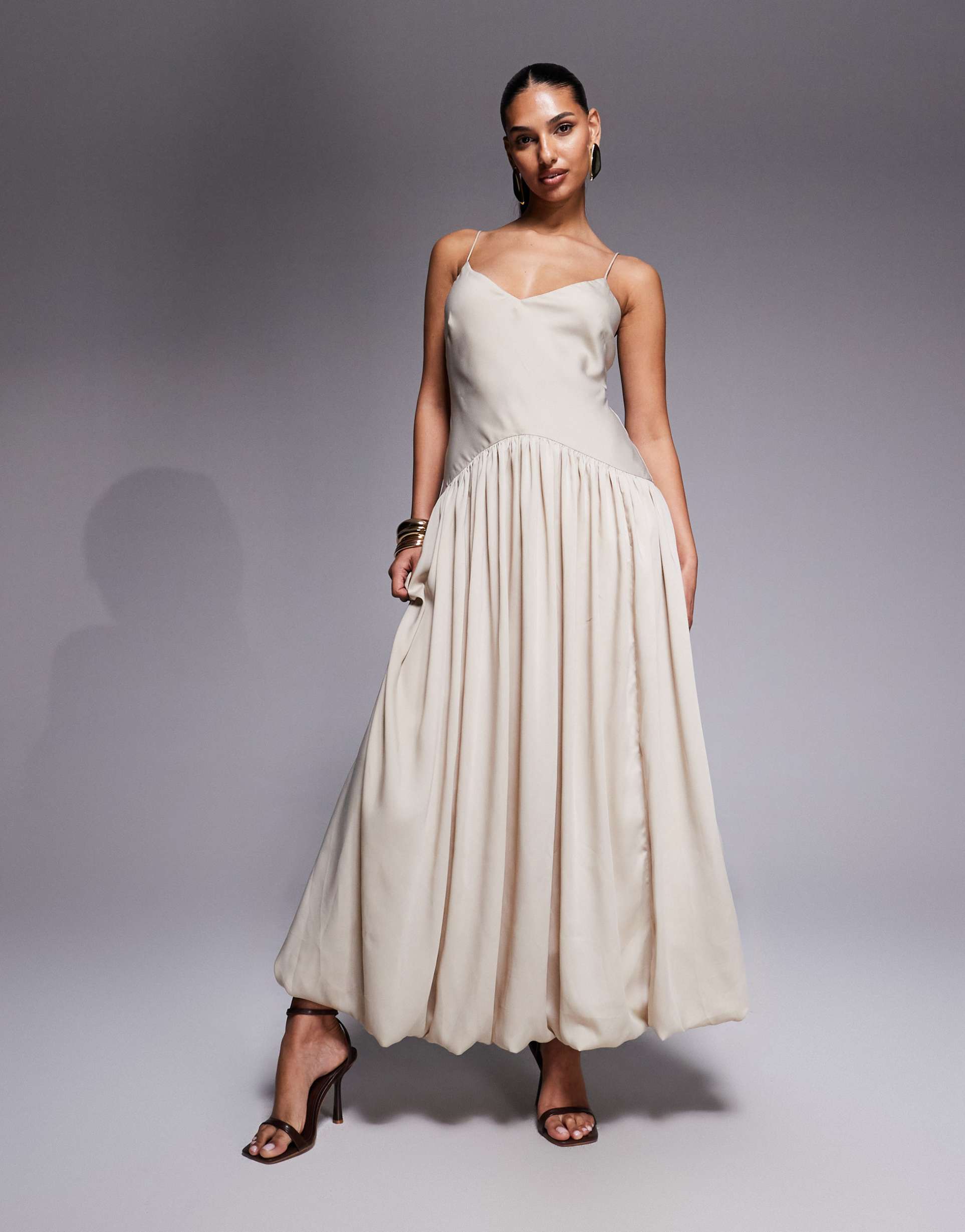 asos design satin bias cut midaxi shift dress with bubble hem in stone