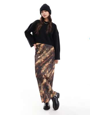 satin bias cut midi skirt in animal print-Multi