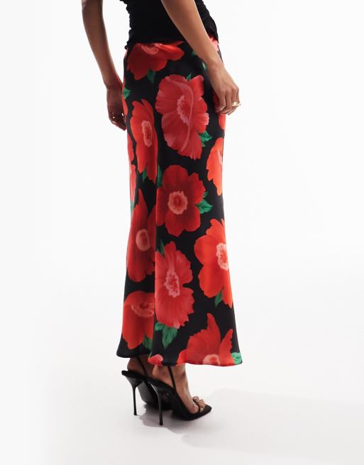 ASOS DESIGN satin bias cut midi skirt in bold poppy floral print