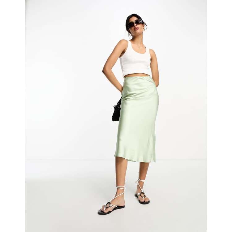 ASOS DESIGN satin bias cut midi skirt in sage green ASOS