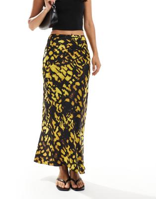 satin bias cut midi skirt in yellow and black splotch print-Multi