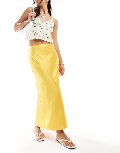ASOS DESIGN satin bias cut midi skirt in yellow - view 1