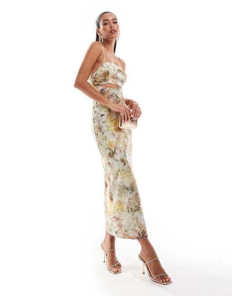 ASOS DESIGN satin bias cut out midi dress in abstract print - view 1