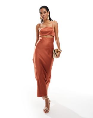 asos design satin bias cut out midi dress in rust