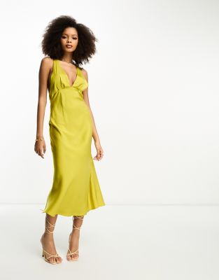 Asos Design Bias Cut Satin Midaxi Dress With Bust Seam Detail In Yellow In Green