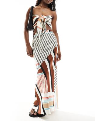 satin bias cut tie waist maxi skirt in stripe print-Multi