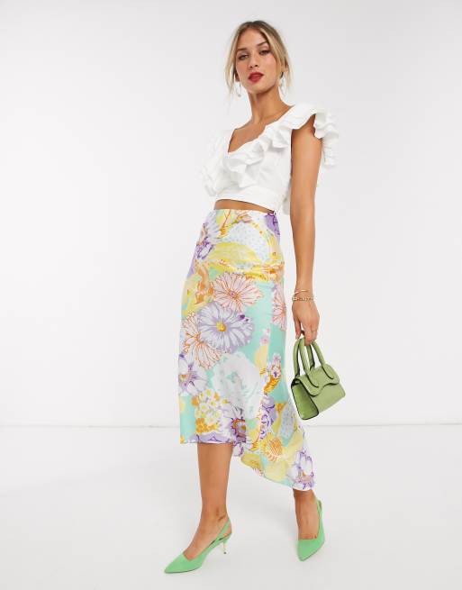 ASOS DESIGN satin bias fluted midi skirt in 70s floral print