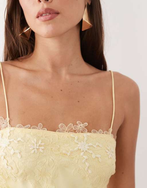 ASOS DESIGN satin bias lace applique mini dress in buttermilk yellow, 3 of 4