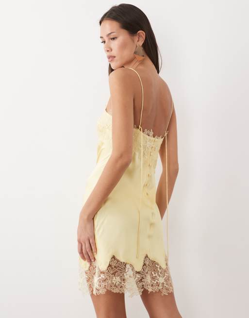 ASOS DESIGN satin bias lace applique mini dress in buttermilk yellow, 4 of 4