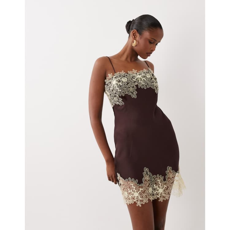 asos design bias cut mini satin dress with floral embellishment lace applique in chocolate and yellow Petite dresses Size:44F Maje Zigzag crochet dress trend: corset making it ideal for