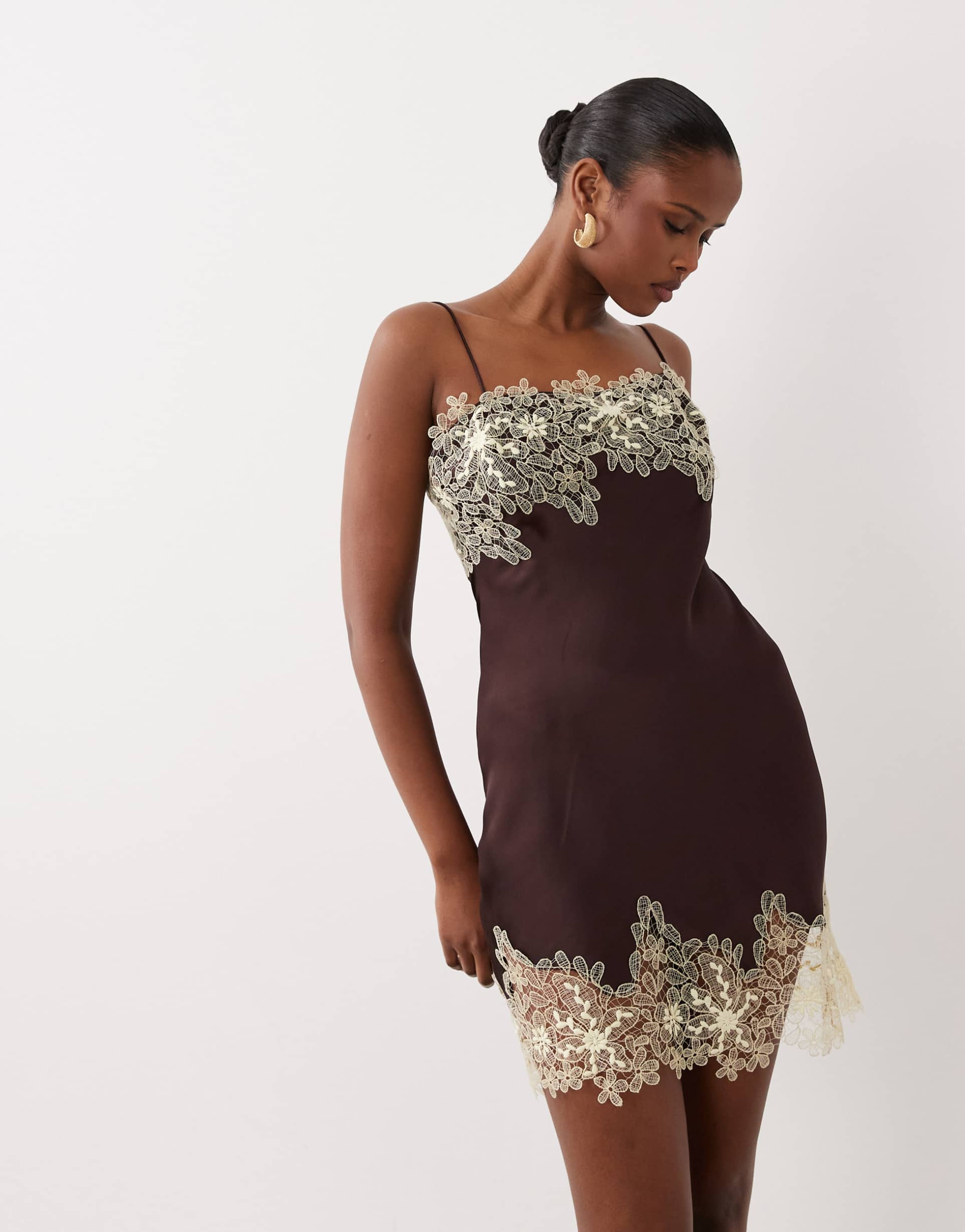 asos design satin bias lace applique mini dress in chocolate and yellow