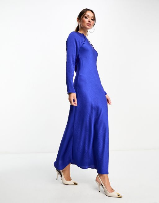 ASOS DESIGN satin bias maxi dress with button detail in cobalt