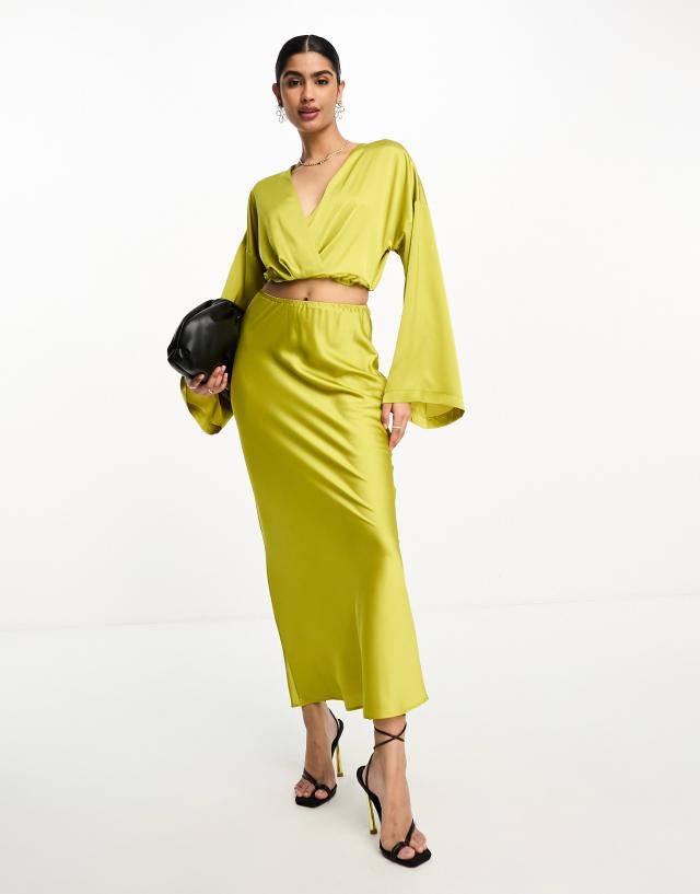 ASOS DESIGN - satin bias maxi skirt co-ord in chartreuse