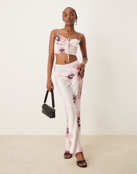 ASOS DESIGN satin bias maxi skirt co-ord in watercolour floral