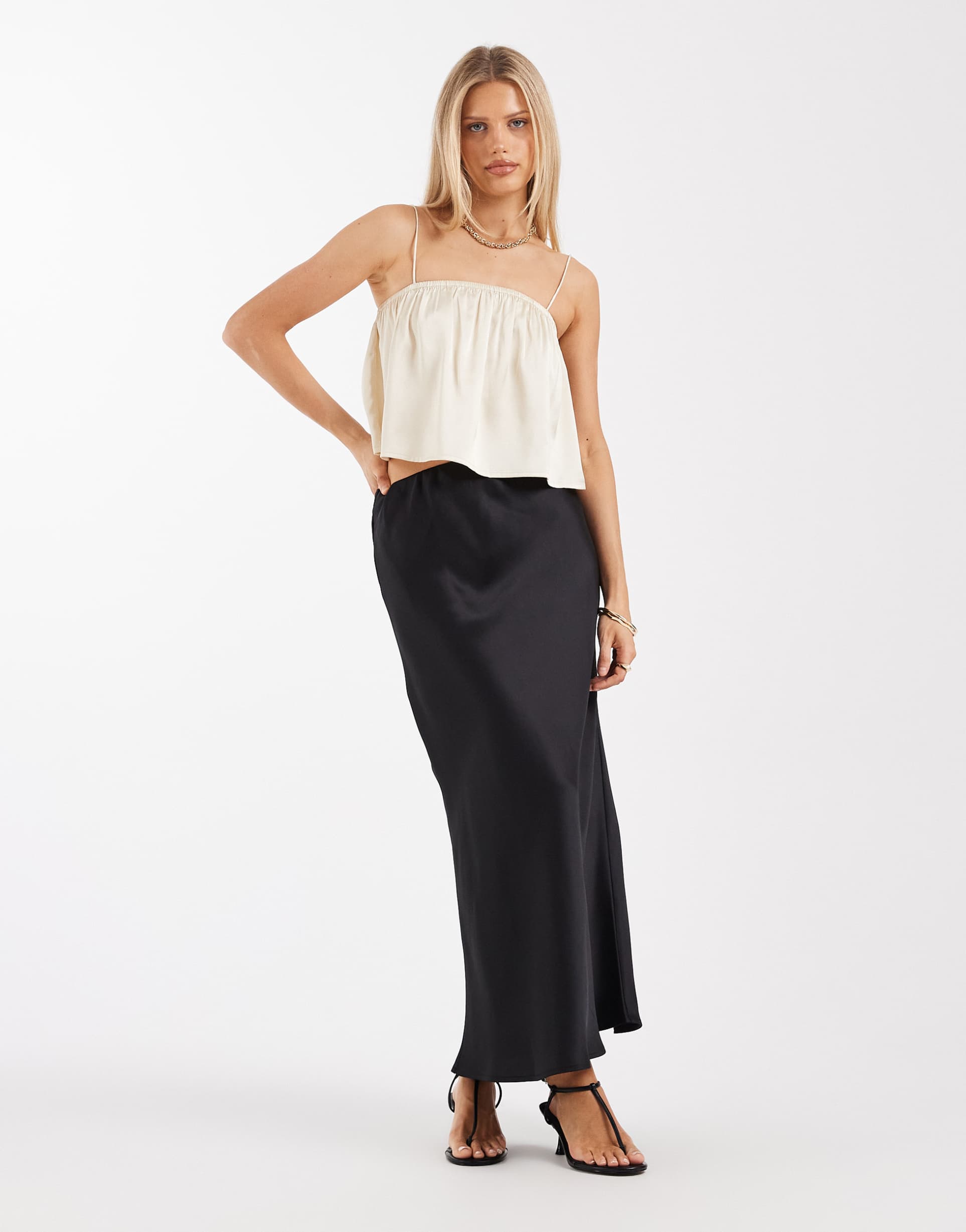 asos design satin bias maxi skirt in black