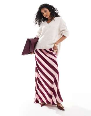 satin bias maxi skirt in burgundy and pink stripe-Multi