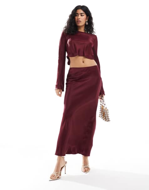 ASOS DESIGN satin bias maxi skirt in burgundy co ord