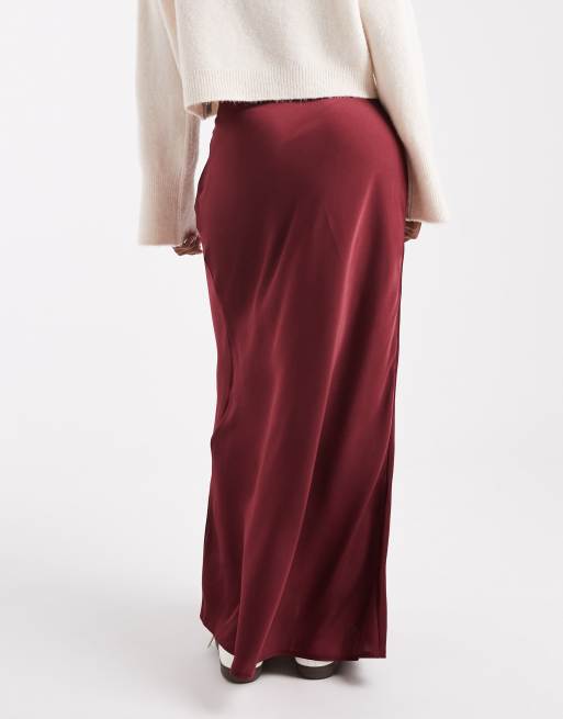 ASOS DESIGN satin bias cut maxi skirt in burgundy