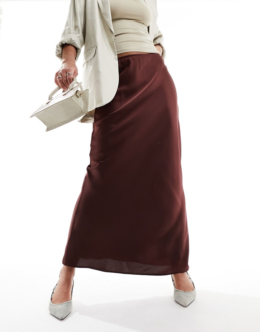 Asos Design Satin Bias Maxi Skirt In Chocolate-brown