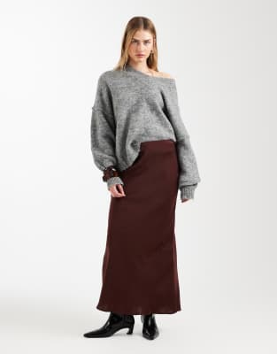 Asos Design Satin Bias Maxi Skirt In Brown
