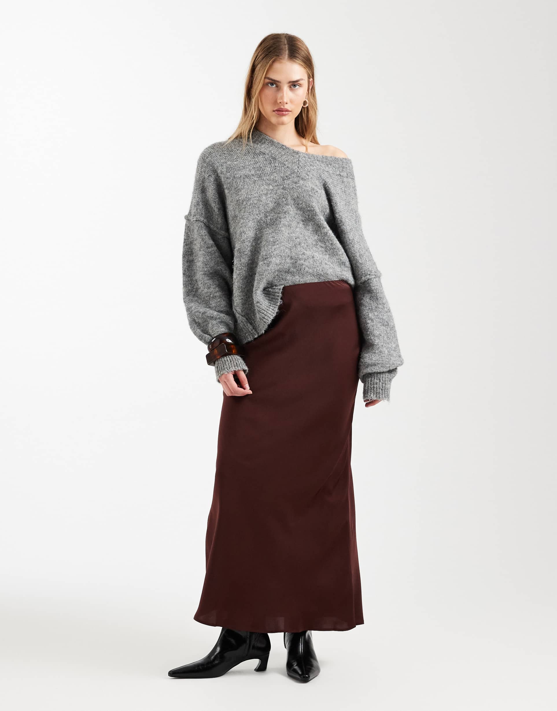 asos design satin bias maxi skirt in chocolate