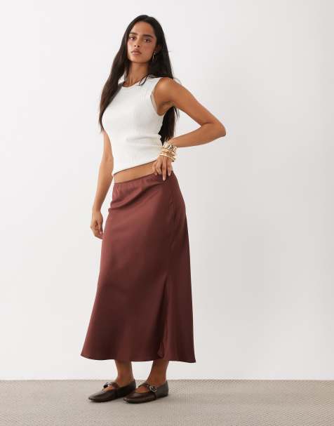 ASOS DESIGN satin bias maxi skirt in chocolate - view 1