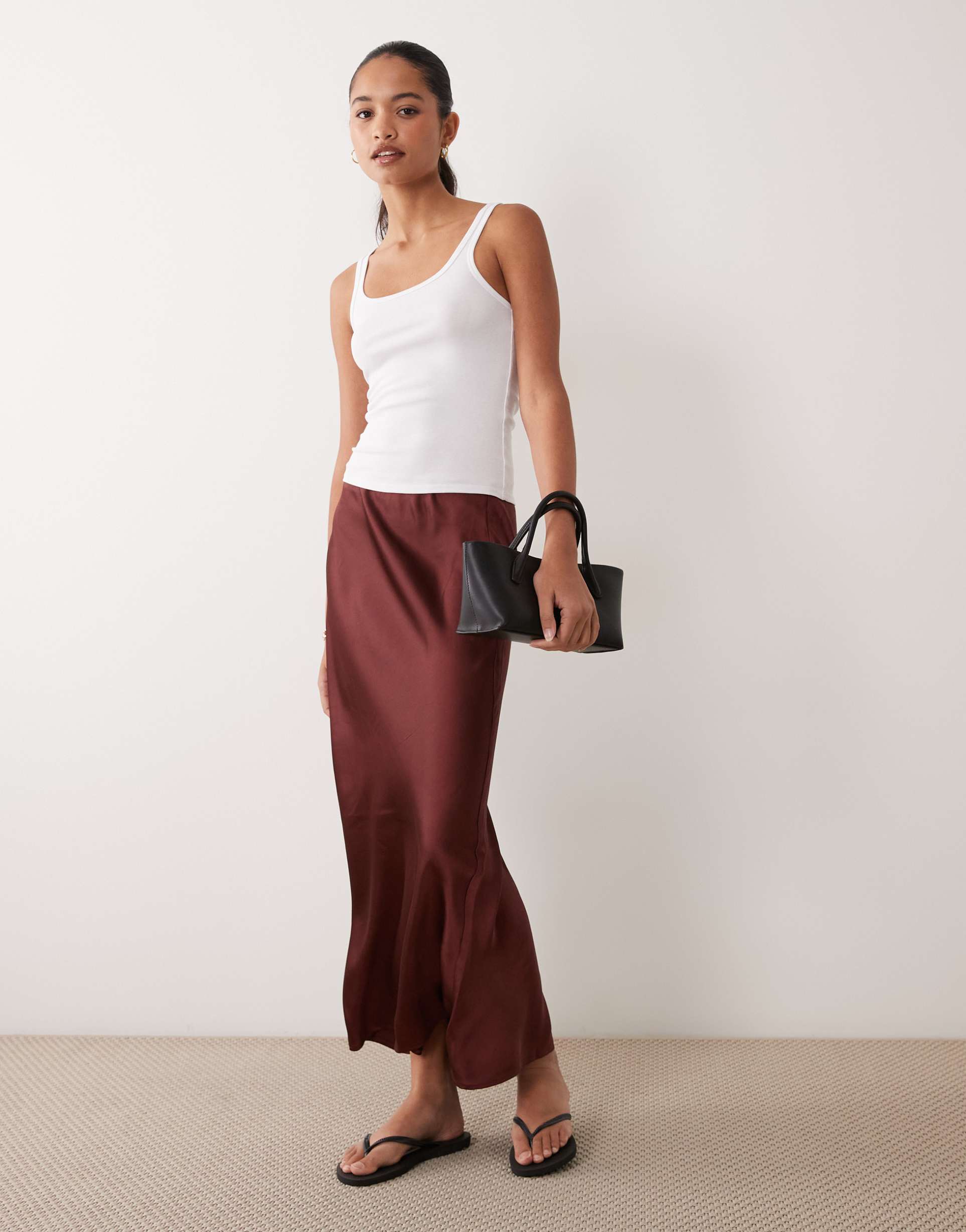 asos design satin bias maxi skirt in chocolate