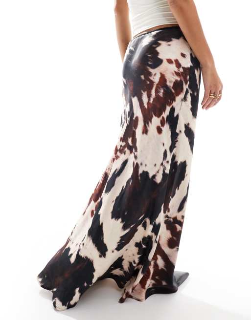 ASOS Design Satin Bias Maxi Skirt in Cow print Multi