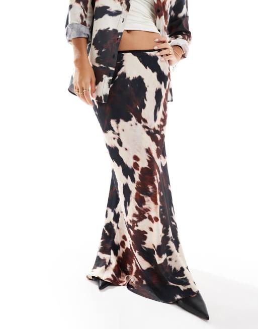 ASOS Design Satin Bias Maxi Skirt in Cow print Multi