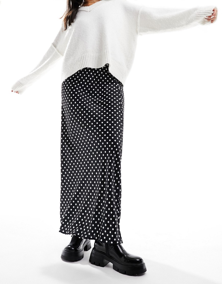 Asos Design Satin Bias Maxi Skirt In Dot Print-multi