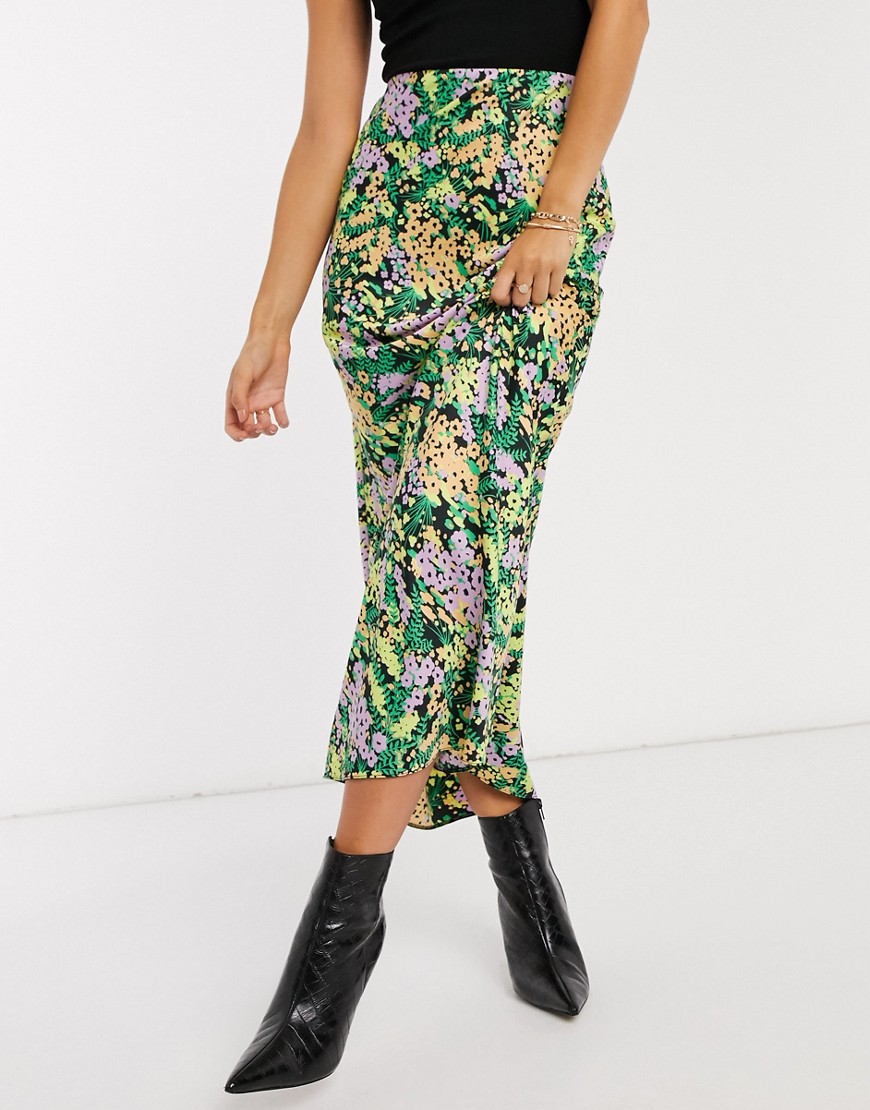ASOS DESIGN satin bias maxi skirt in floral print-Multi