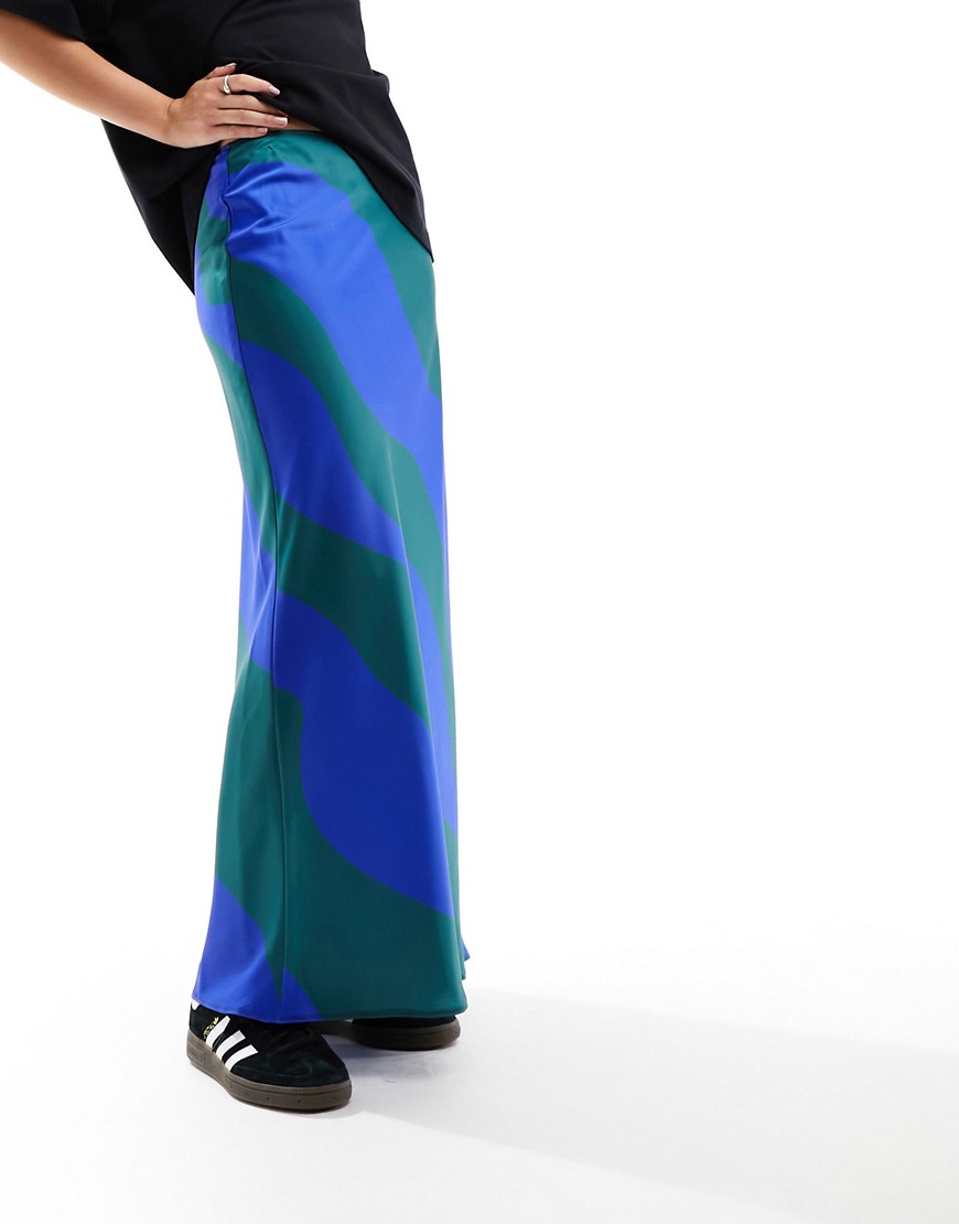 ASOS DESIGN satin bias maxi skirt in green blue graphic print-Multi